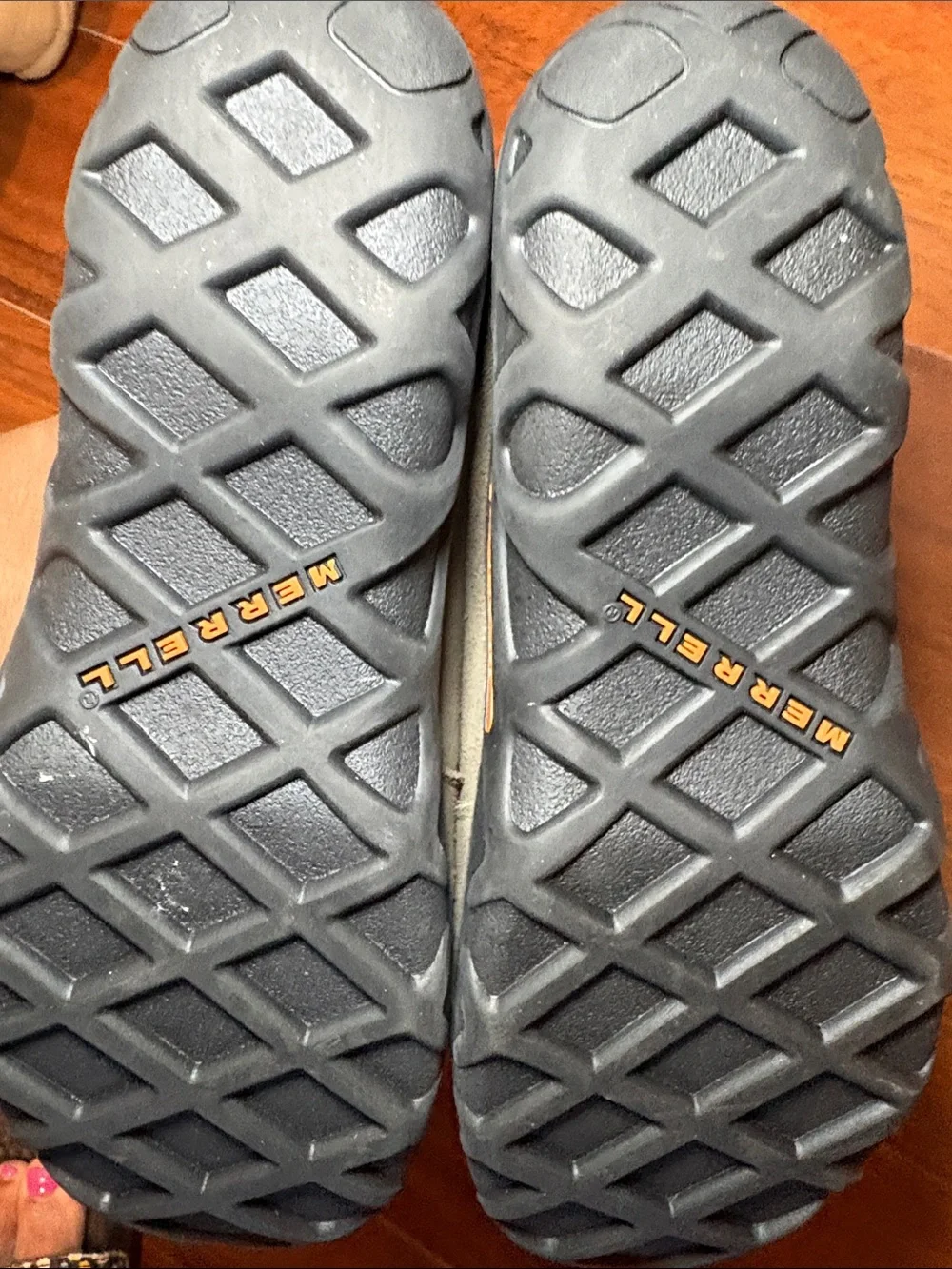 Merrell Men’s Gray Suede Slip-On Shoes with Yellow Heel Tabs